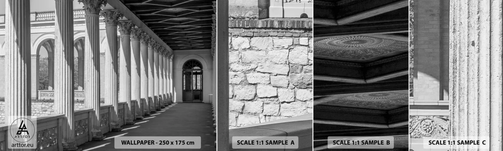 Échantillon de Papier Peint Autocollant Deluxe Sticker - Arcade ensoleillée - Colonnes, Architecture, Classique - 100x30 cm