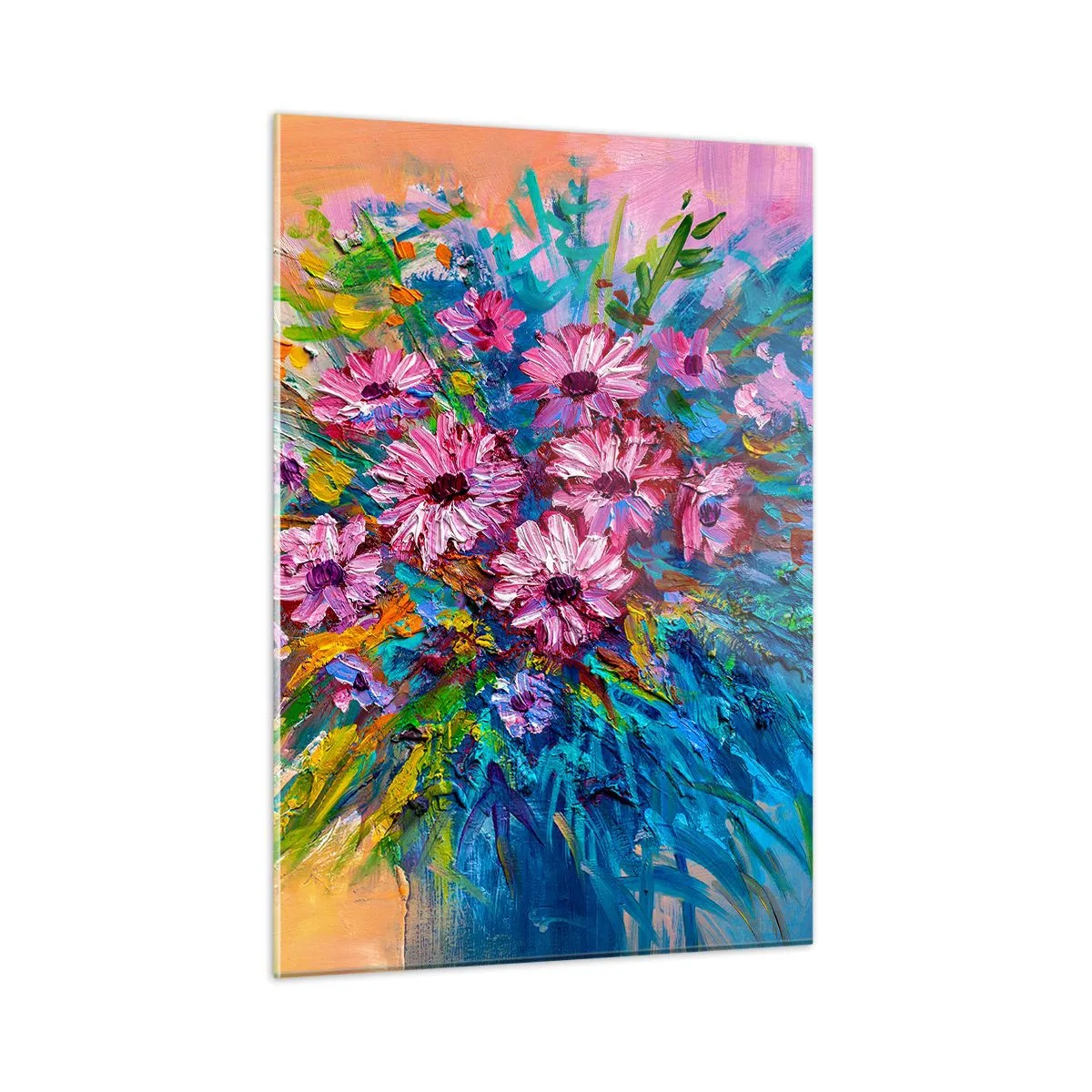 Impression sur verre - Image sur verre - Un bouquet de fleurs roses dans une composition artistique et colorée - 50x70cm - Énergie de la vie - Décoration murale moderne pour le salon et la chambre ARTTOR
