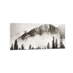 Impression sur verre - Image sur verre - Un sommet de montagne pittoresque entouré de brouillard et d'une forêt aux tons sépia - 120x50cm - Seigneur de granite - Décoration murale moderne pour le salon et la chambre ARTTOR