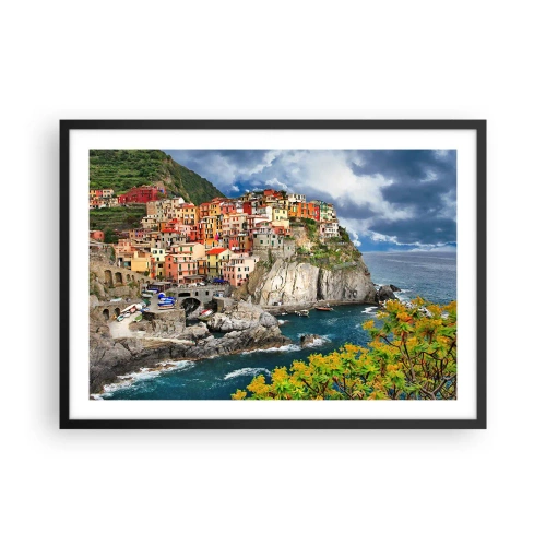 Affiche dans un cadre noir - Poster - Maisons colorées sur une falaise surplombant la mer aux Cinque Terre - 70x50cm - Un groupe embrassant les rochers - Décoration murale moderne pour le salon et la chambre ARTTOR