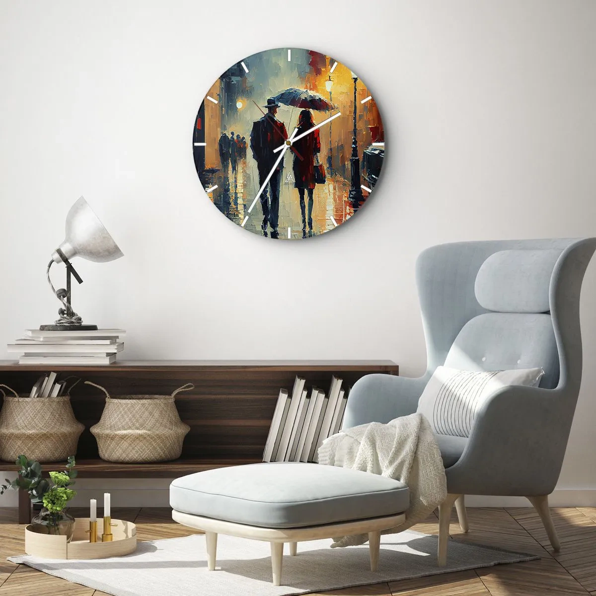 Horloge murale - Pendule murale - Un couple sous un parapluie dans un décor urbain peint au couteau à palette - 30x30cm - Histoire d'amour urbaine - Décoration murale moderne pour le salon, la cuisine et la chambre ARTTOR