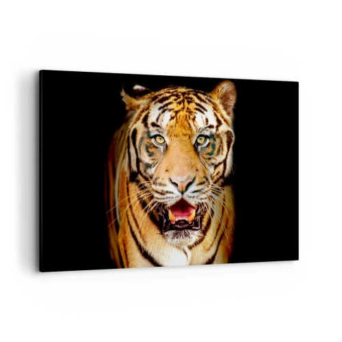 Impression sur toile - Image sur toile - Un tigre avec la gueule ouverte sur un fond noir - 120x80cm - Le coeur sauvageon - Décoration murale moderne pour le salon et la chambre ARTTOR
