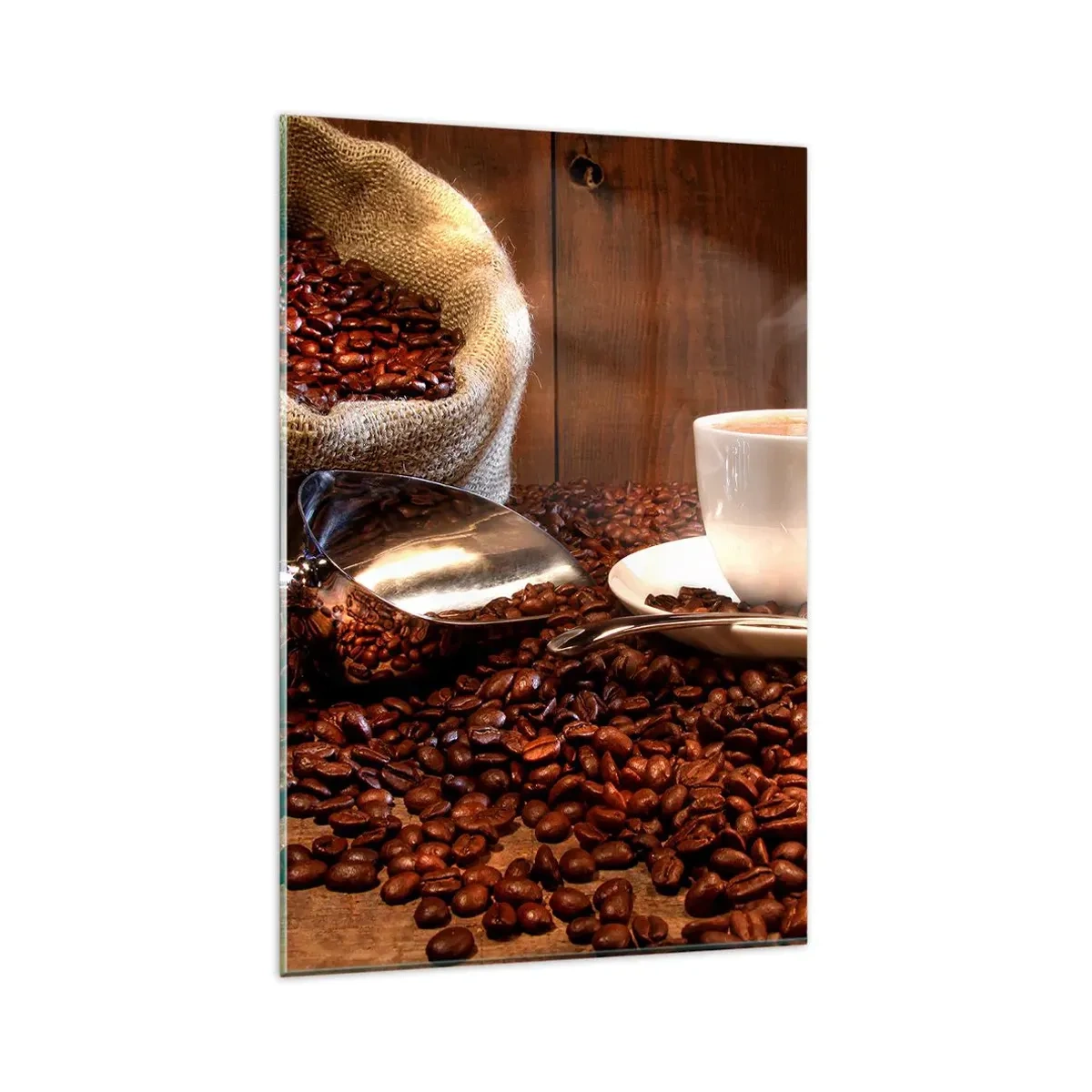 Impression sur verre - Image sur verre - Une tasse de café avec des grains de café et un sac de céréales en arrière-plan - 80x120cm - Sentez-vous cette odeur? - Décoration murale moderne pour le salon et la chambre ARTTOR