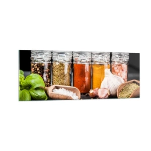 Impression sur verre - Image sur verre - Herbes et épices dans des bocaux en verre sur fond sombre - 140x50cm - Pour que la vie ait du goût - Décoration murale moderne pour le salon et la chambre ARTTOR
