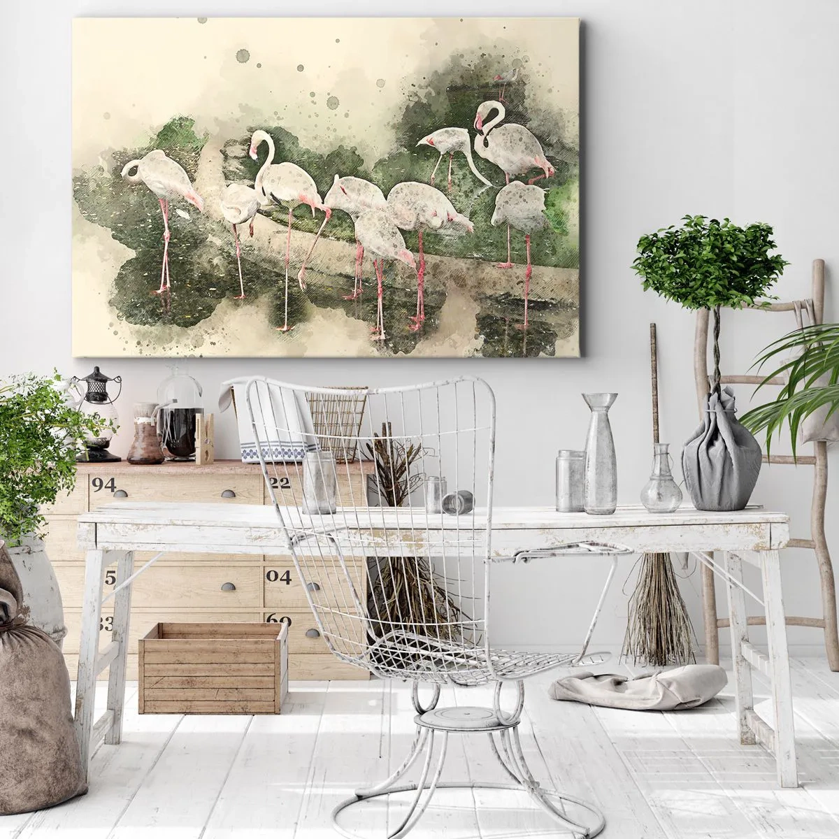 Impression sur toile - Image sur toile - Flamants roses dans leur environnement naturel dans un style aquarelle - 100x70cm - Rêve exotique - Décoration murale moderne pour le salon et la chambre ARTTOR