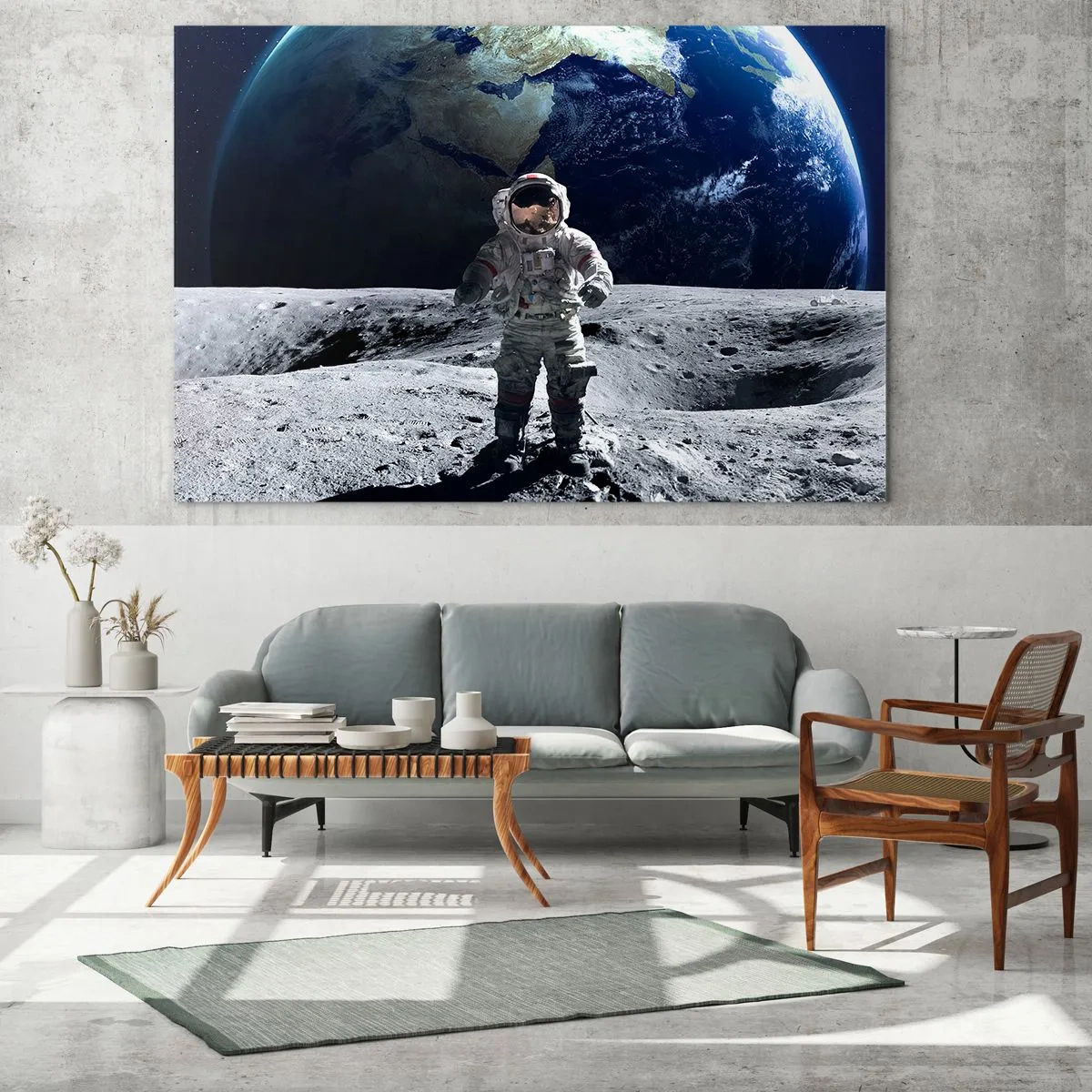 Impression sur verre - Image sur verre - Astronaute à la surface de la Lune avec la Terre en arrière-plan - 70x50cm - Salutations de la lune - Décoration murale moderne pour le salon et la chambre ARTTOR