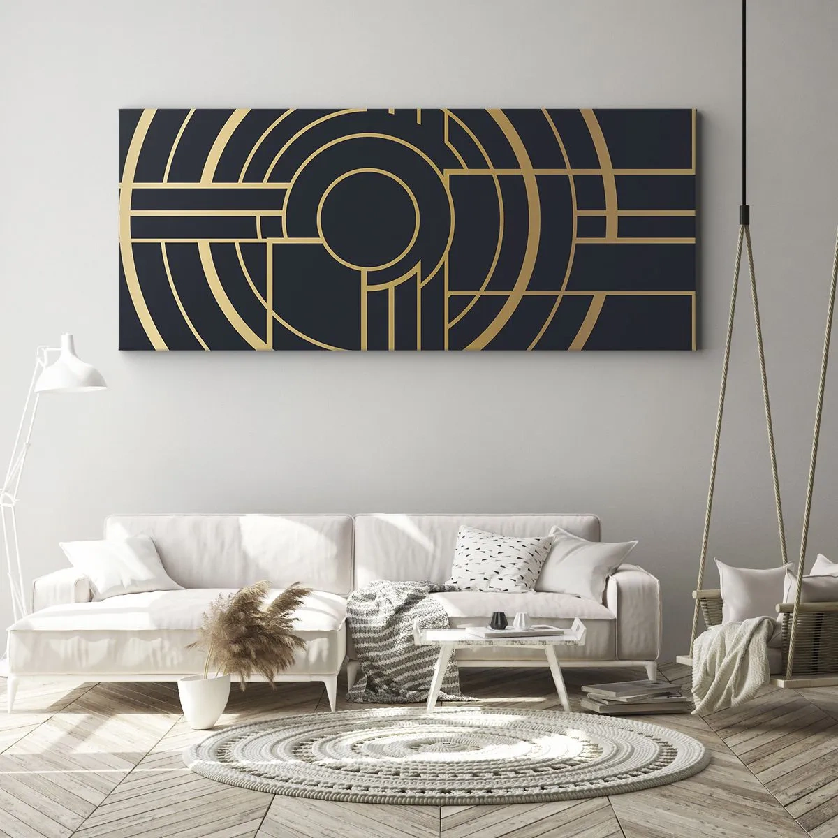 Impression sur toile - Image sur toile - Motif géométrique avec des lignes dorées - 140x50cm - Rotation des éléments - Décoration murale moderne pour le salon et la chambre ARTTOR