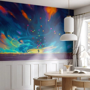 Papier peint sur mesure Premium Sand - Au vent bleu ciel - Pour les enfants, Ballons colorés, Abstraction