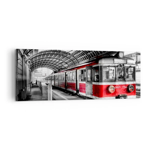 Impression sur toile - Image sur toile - Train rouge à la gare sous un toit - 140x50cm - C'est peut-être le voyage de votre vie ? - Décoration murale moderne pour le salon et la chambre ARTTOR
