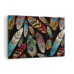 Impression sur toile - Image sur toile - Plumes colorées sur fond noir - 100x70cm - Le carnaval des oiseaux - Décoration murale moderne pour le salon et la chambre ARTTOR