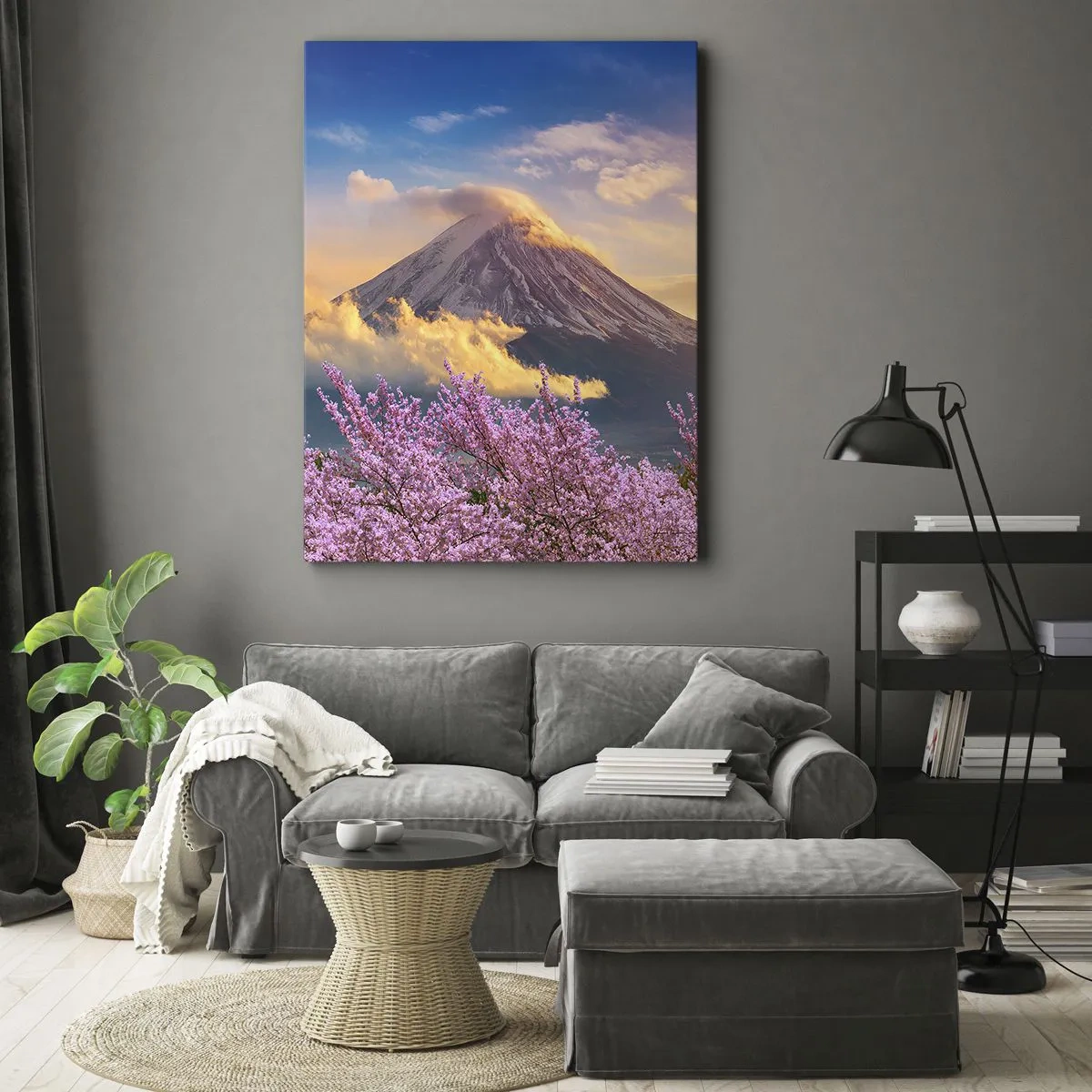Impression sur toile - Image sur toile - Mont Fuji avec des cerisiers en fleurs en arrière-plan au coucher du soleil - 80x120cm - Sainteté japonaise - Décoration murale moderne pour le salon et la chambre ARTTOR