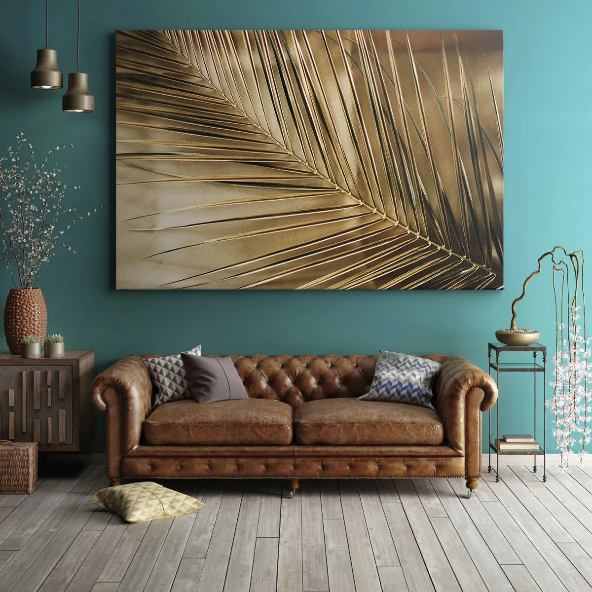 Impression sur toile - Image sur toile - Feuille de palmier dorée sur fond uni - 120x80cm - Colonnade naturelle - Décoration murale moderne pour le salon et la chambre ARTTOR