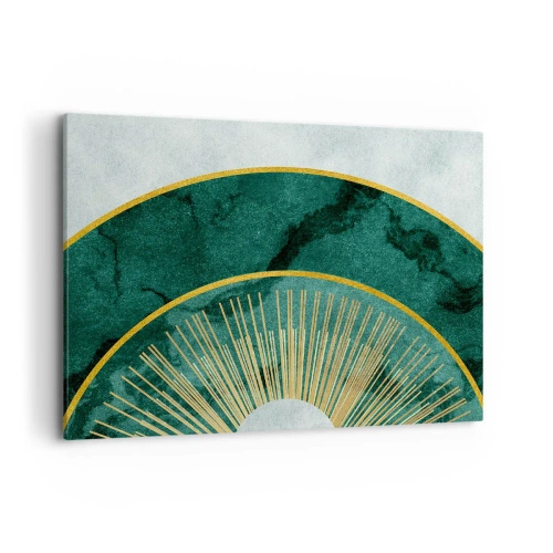 Impression sur toile - Image sur toile - Motif abstrait avec des cercles aux couleurs émeraude et or. - 100x70cm - Un autre système solaire - Décoration murale moderne pour le salon et la chambre ARTTOR