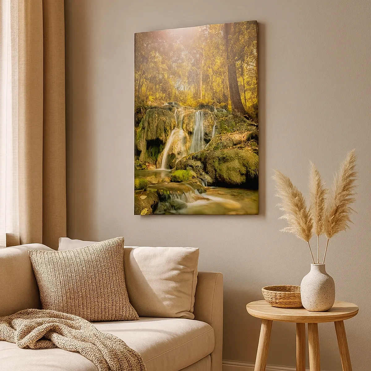 Impression sur toile - Image sur toile - Une cascade forestière sous les rayons du soleil, entourée de verdure - 50x70cm - Cascade de forêt en vert - Décoration murale moderne pour le salon et la chambre ARTTOR