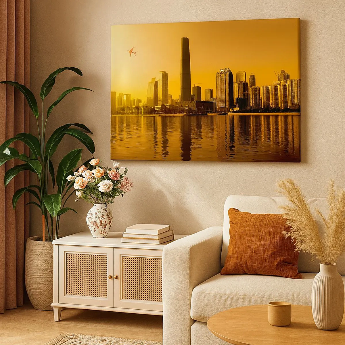 Impression sur toile - Image sur toile - Panorama de la ville au coucher du soleil avec des gratte-ciels et un avion - 70x50cm - La ville en or - Décoration murale moderne pour le salon et la chambre ARTTOR