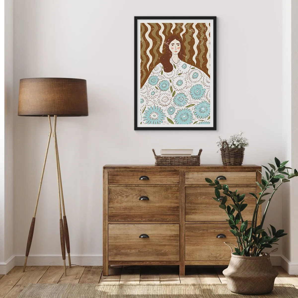 Affiche dans un cadre noir - Poster - Portrait en robe fleurie - 40x50 cm