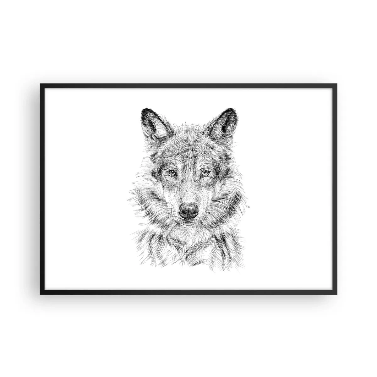 Affiche dans un cadre noir - Poster - Croquis d'une tête de loup dans un style monochrome sur fond blanc - 100x70cm - Un leader né - Décoration murale moderne pour le salon et la chambre ARTTOR