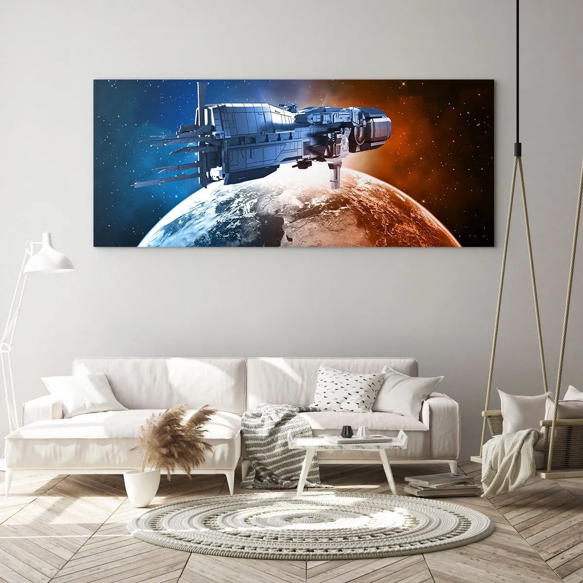 Impression sur verre - Image sur verre - Un vaisseau spatial avec en arrière-plan une planète dans l'espace - 160x50cm - Un observateur attentif - Décoration murale moderne pour le salon et la chambre ARTTOR