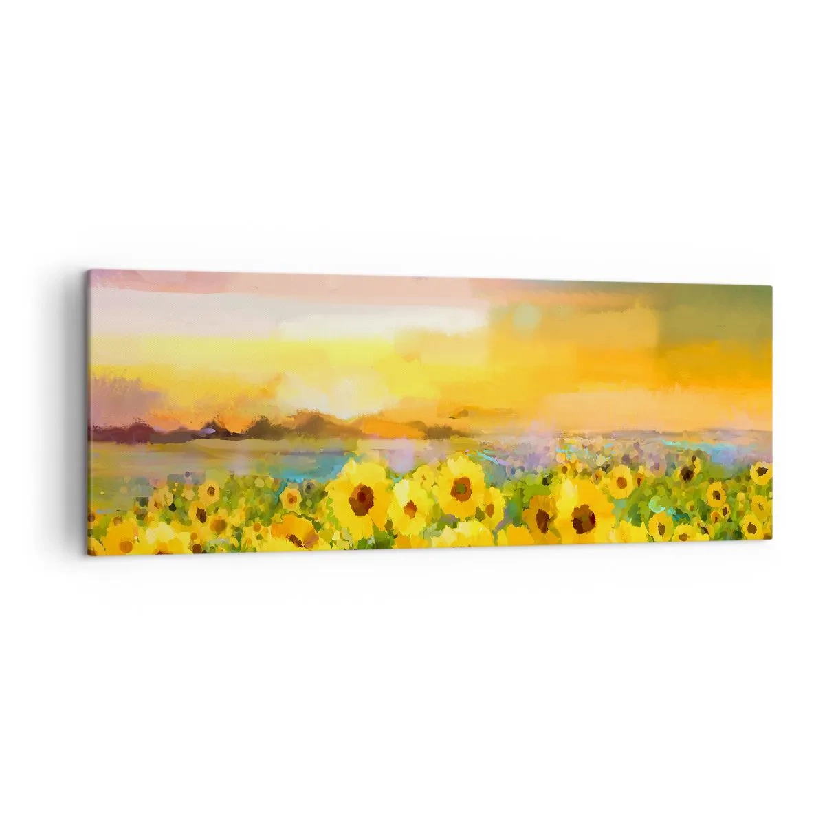 Impression sur toile - Image sur toile - Un champ de tournesols à la lumière du soleil couchant - 140x50cm - Le soleil lui-même est descendu sur terre - Décoration murale moderne pour le salon et la chambre ARTTOR