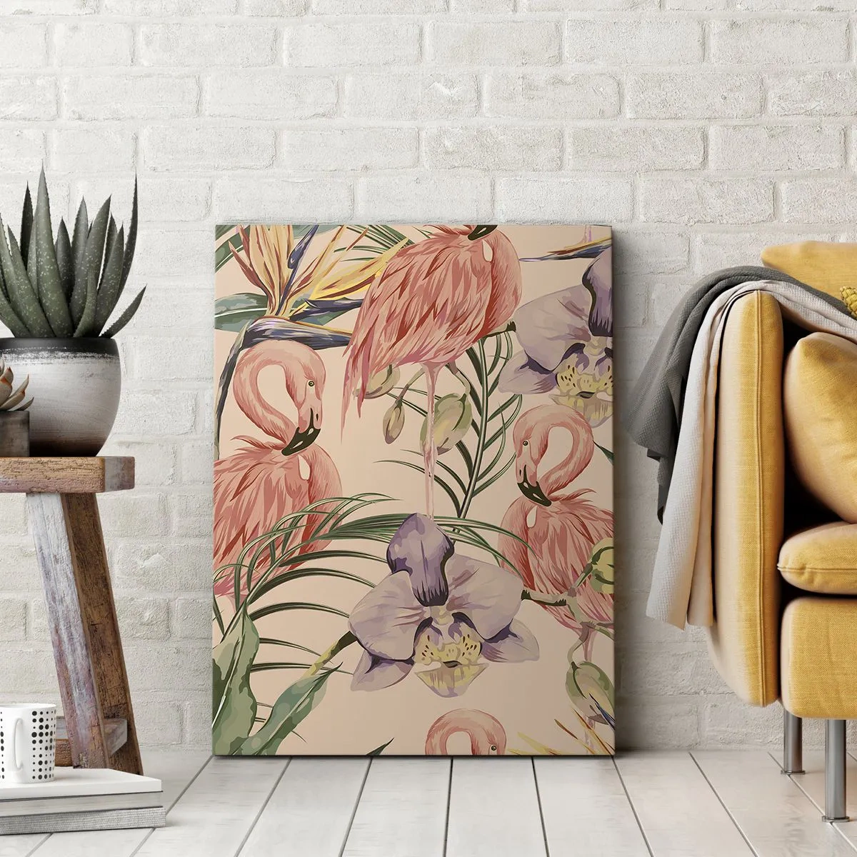 Impression sur toile - Image sur toile - Flamants roses et fleurs tropicales sur fond clair - 80x120cm - Ballet rose dans les fleurs - Décoration murale moderne pour le salon et la chambre ARTTOR