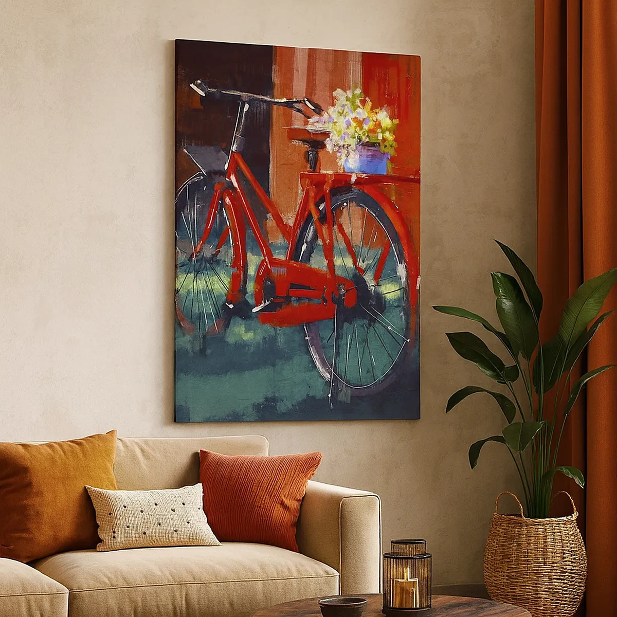 Impression sur toile - Image sur toile - Un vélo rouge avec des fleurs contre un mur orange - 50x70cm - I want to ride my bicycle - Décoration murale moderne pour le salon et la chambre ARTTOR