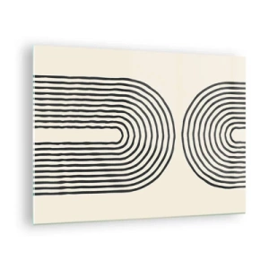 Impression sur verre - Image sur verre - Une peinture abstraite en noir et blanc représentant des lignes en forme d'arc. - 70x50cm - Dans un instant... - Décoration murale moderne pour le salon et la chambre ARTTOR