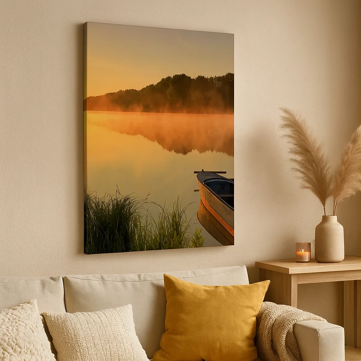 Impression sur toile - Image sur toile - Brouillard matinal sur la rivière avec un bateau sous les rayons du soleil - 50x70cm - Lever du soleil sur l'eau comme un miroir - Décoration murale moderne pour le salon et la chambre ARTTOR