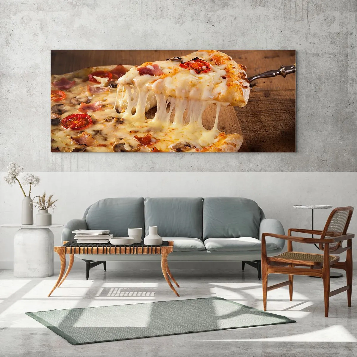 Impression sur verre - Image sur verre - Pizza au fromage filandreux - 160x50cm - Un chef-d'œuvre de l'art italien - Décoration murale moderne pour le salon et la chambre ARTTOR