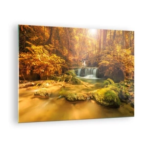 Impression sur verre - Image sur verre - Cascade forestière en or - 70x50cm - Cascade de forêt en or - Décoration murale moderne pour le salon et la chambre ARTTOR