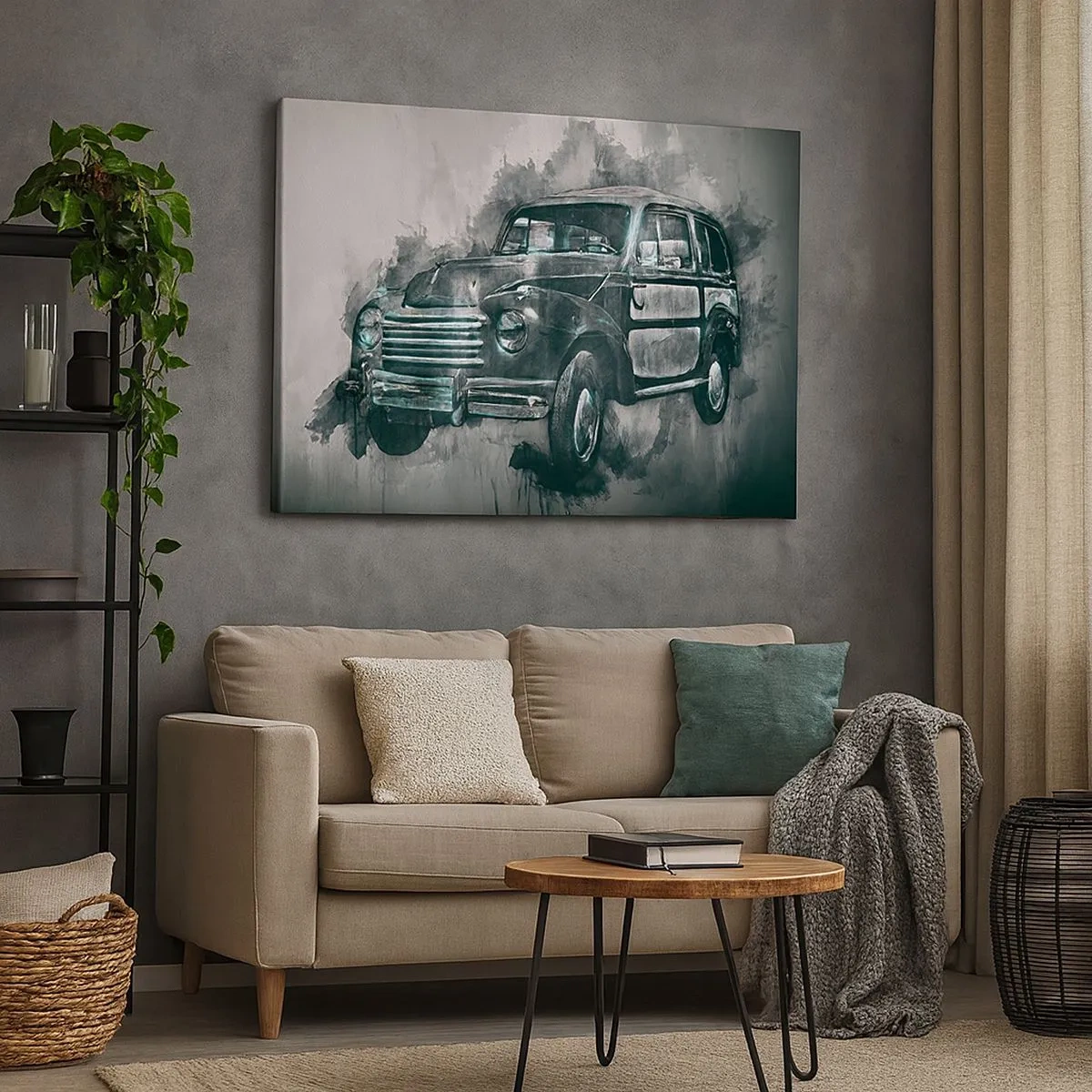 Impression sur toile - Image sur toile - Une voiture rétro classique avec un décor artistique - 70x50cm - Ancêtre respecté - Décoration murale moderne pour le salon et la chambre ARTTOR