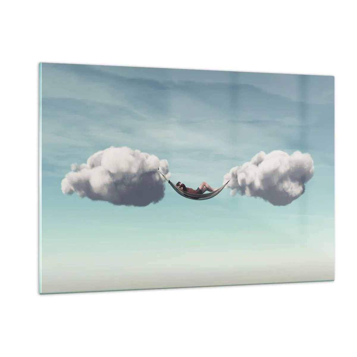 Impression sur verre - Image sur verre - Hamacs nuageux dans un ciel bleu - 120x80cm - Instant de bonheur - Décoration murale moderne pour le salon et la chambre ARTTOR