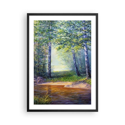 Affiche dans un cadre noir - Poster - Une clairière forestière avec des bouleaux et un ruisseau sous les rayons du soleil - 50x70cm - Paysage idyllique - Décoration murale moderne pour le salon et la chambre ARTTOR