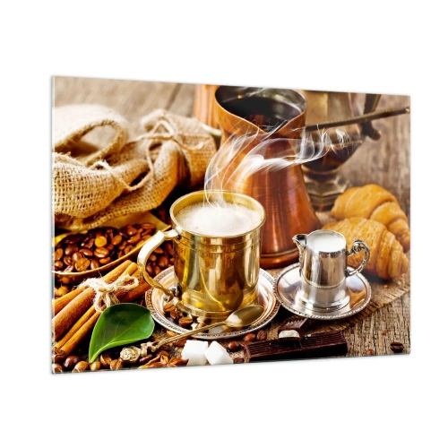 Impression sur verre - Image sur verre - Une tasse de café dorée avec du lait entourée de céréales et de croissants - 100x70cm - Bonne journée! - Décoration murale moderne pour le salon et la chambre ARTTOR