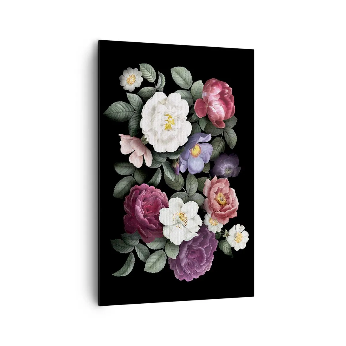 Impression sur toile - Image sur toile - Fleurs de différentes couleurs sur fond noir - 80x120cm - D'un jardin anglais - Décoration murale moderne pour le salon et la chambre ARTTOR