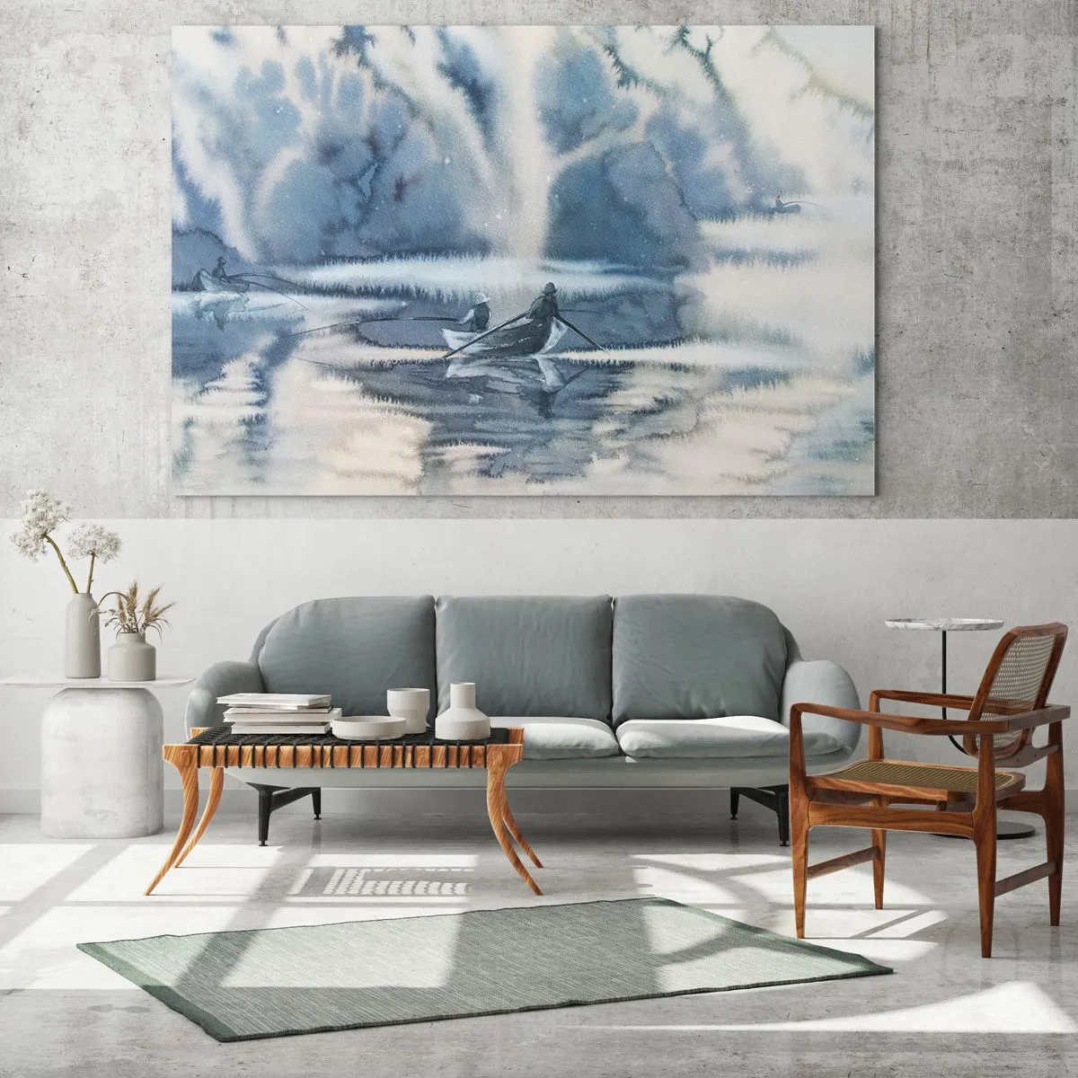 Impression sur verre - Image sur verre - Deux pêcheurs sur un bateau entourés d'un paysage brumeux - 120x80cm - Les pêcheurs dans leur paradis - Décoration murale moderne pour le salon et la chambre ARTTOR
