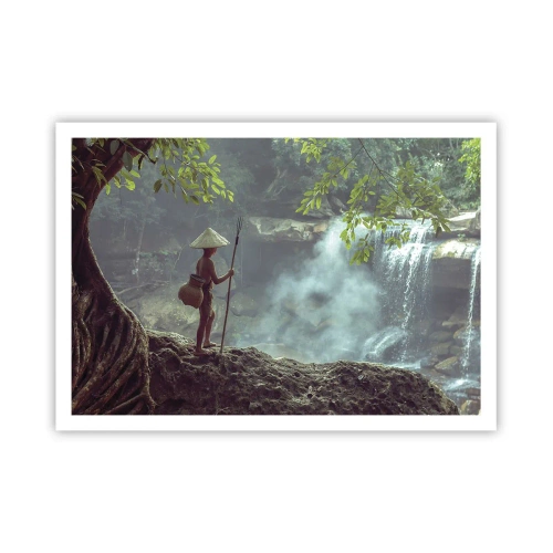 Affiche - Poster - Une figure avec une lance près d'une cascade dans une forêt tropicale - 100x70cm - Lier d'amitié avec la nature - Décoration murale moderne pour le salon et la chambre ARTTOR