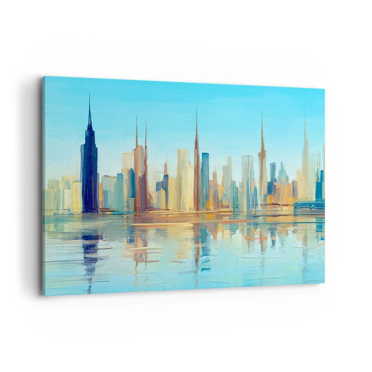 Impression sur toile - Image sur toile - Un panorama de la ville aux couleurs chaudes avec reflet dans l'eau - 100x70cm - Une métropole ensoleillée - Décoration murale moderne pour le salon et la chambre ARTTOR