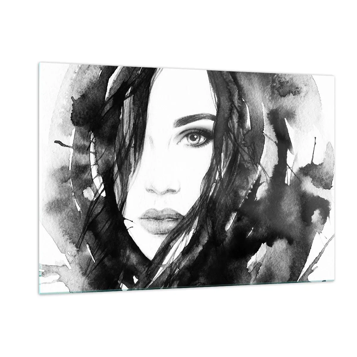 Impression sur verre - Image sur verre - Portraits féminins à l'aquarelle en noir et blanc - 120x80cm - Portrait d'une dame en noir et blanc - Décoration murale moderne pour le salon et la chambre ARTTOR