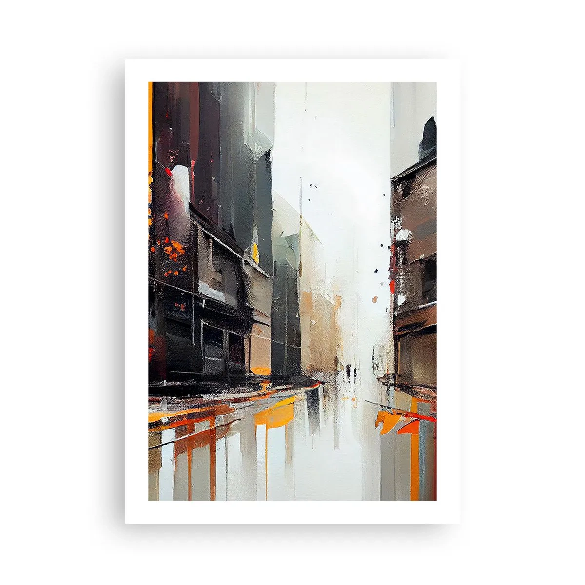 Affiche - Poster - Panorama urbain abstrait dans les tons de gris et d'orange - 50x70cm - Jour de pluie - Décoration murale moderne pour le salon et la chambre ARTTOR