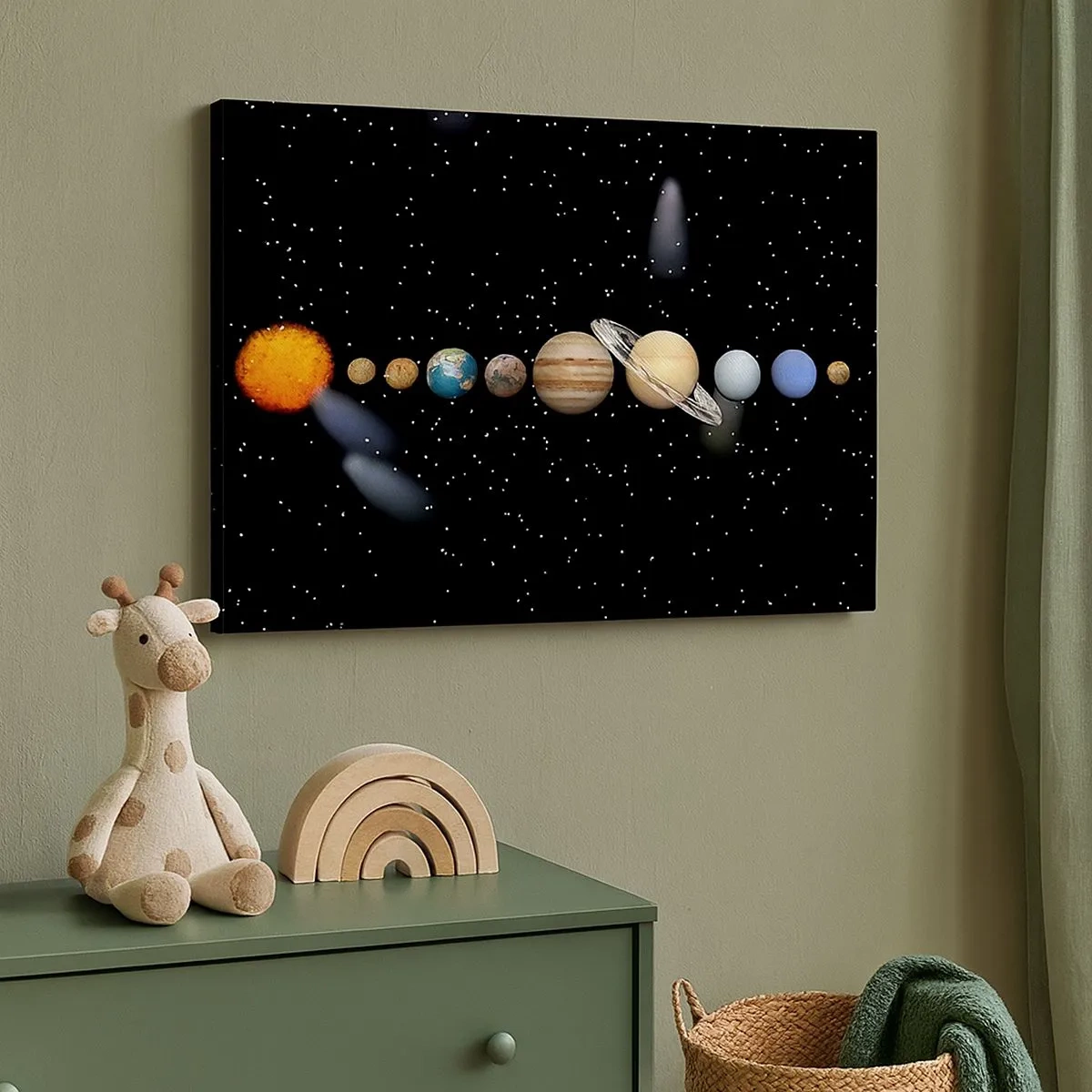 Impression sur toile - Image sur toile - Le système solaire avec des planètes sur fond d'étoiles dans l'espace - 70x50cm - Et les planètes sont folles, sont folles... - Décoration murale moderne pour le salon et la chambre ARTTOR