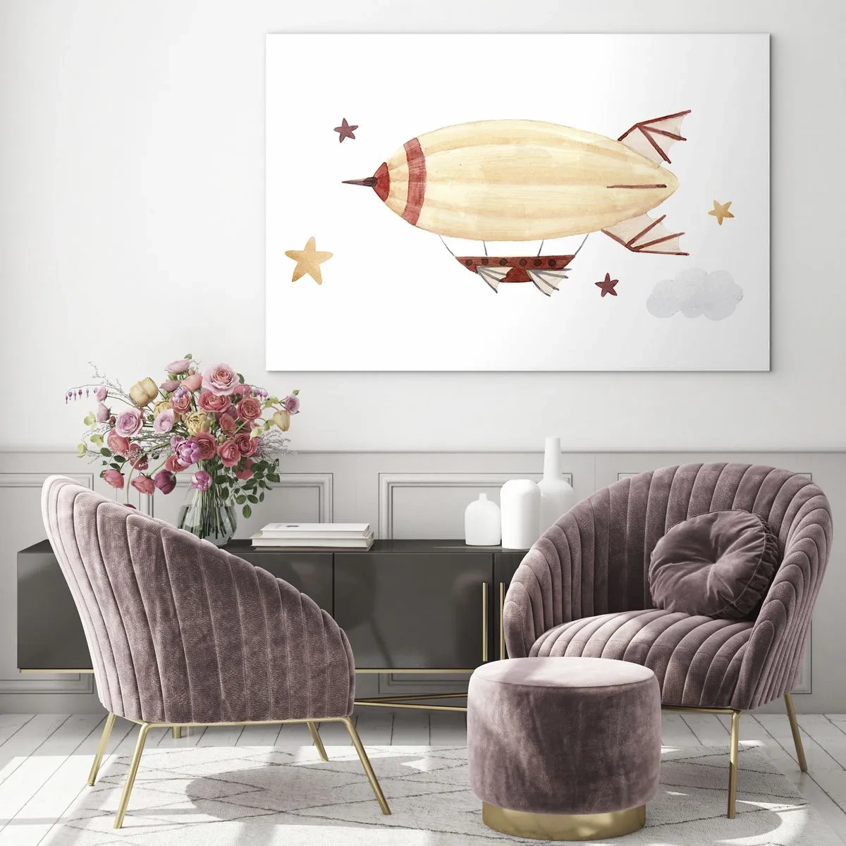 Impression sur verre - Image sur verre - Un dirigeable de dessin animé parmi les étoiles sur fond blanc - 120x80cm - Dirigeable - Décoration murale moderne pour le salon et la chambre ARTTOR