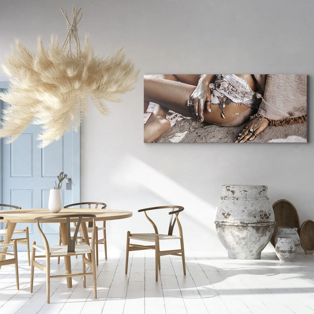 Impression sur toile - Image sur toile - Femme bohème sur la plage avec des bijoux - 120x50cm - Rejeté par la vague? - Décoration murale moderne pour le salon et la chambre ARTTOR