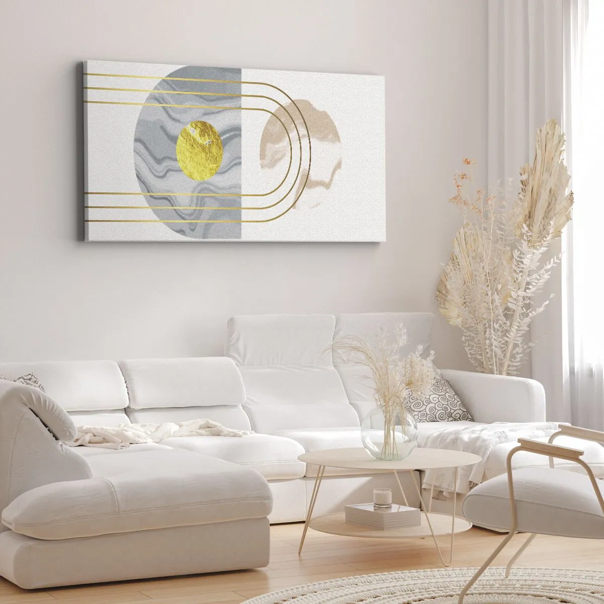 Impression sur toile - Image sur toile - Composition abstraite avec des cercles et des lignes dorées sur fond clair. - 140x50cm - Clareté et brillance - Décoration murale moderne pour le salon et la chambre ARTTOR