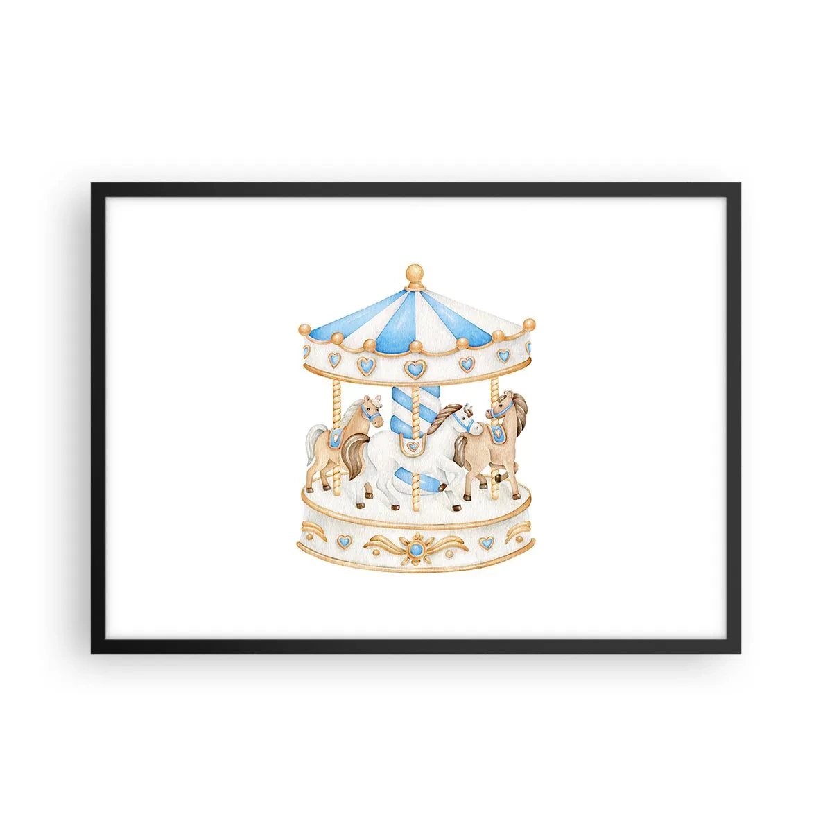 Affiche dans un cadre noir - Poster - Un carrousel aux couleurs pastel sur fond blanc - 70x50cm - Douce enfance - Décoration murale moderne pour le salon et la chambre ARTTOR