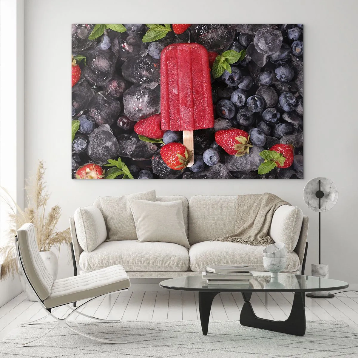 Impression sur verre - Image sur verre - Un bâton de glace parmi des fruits congelés et des feuilles de menthe - 120x80cm - Le goût d’un été chaud - Décoration murale moderne pour le salon et la chambre ARTTOR