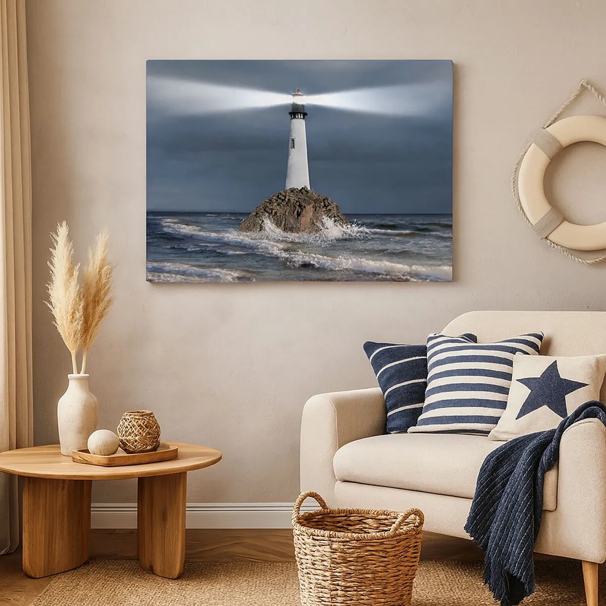 Impression sur toile - Image sur toile - Un phare sur un rocher entouré d'une mer agitée - 70x50cm - I… i… ici ! - Décoration murale moderne pour le salon et la chambre ARTTOR