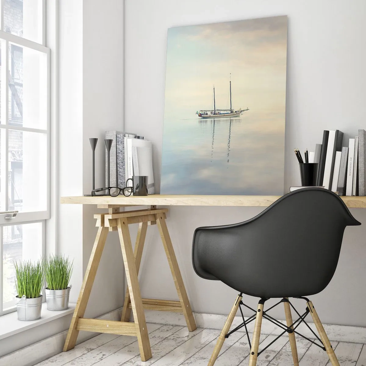 Impression sur verre - Image sur verre - Un bateau sur une mer calme dans une douce lumière - 70x100cm - Dans une mer de silence - Décoration murale moderne pour le salon et la chambre ARTTOR