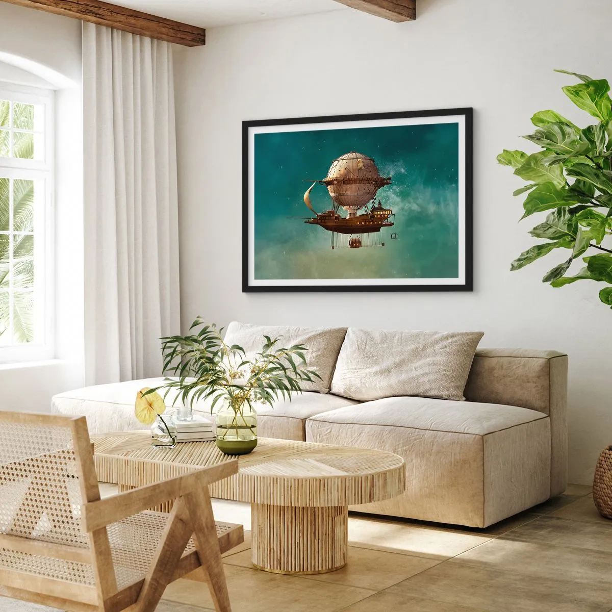Affiche dans un cadre noir - Poster - Un dirigeable fantastique contre le ciel verdâtre - 70x50cm - Jules Verne vous salue - Décoration murale moderne pour le salon et la chambre ARTTOR