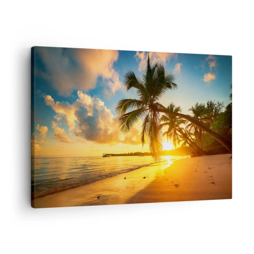 Impression sur toile - Image sur toile - Plage au coucher du soleil avec des palmiers au bord de la mer - 70x50cm - Rêve caribéen - Décoration murale moderne pour le salon et la chambre ARTTOR
