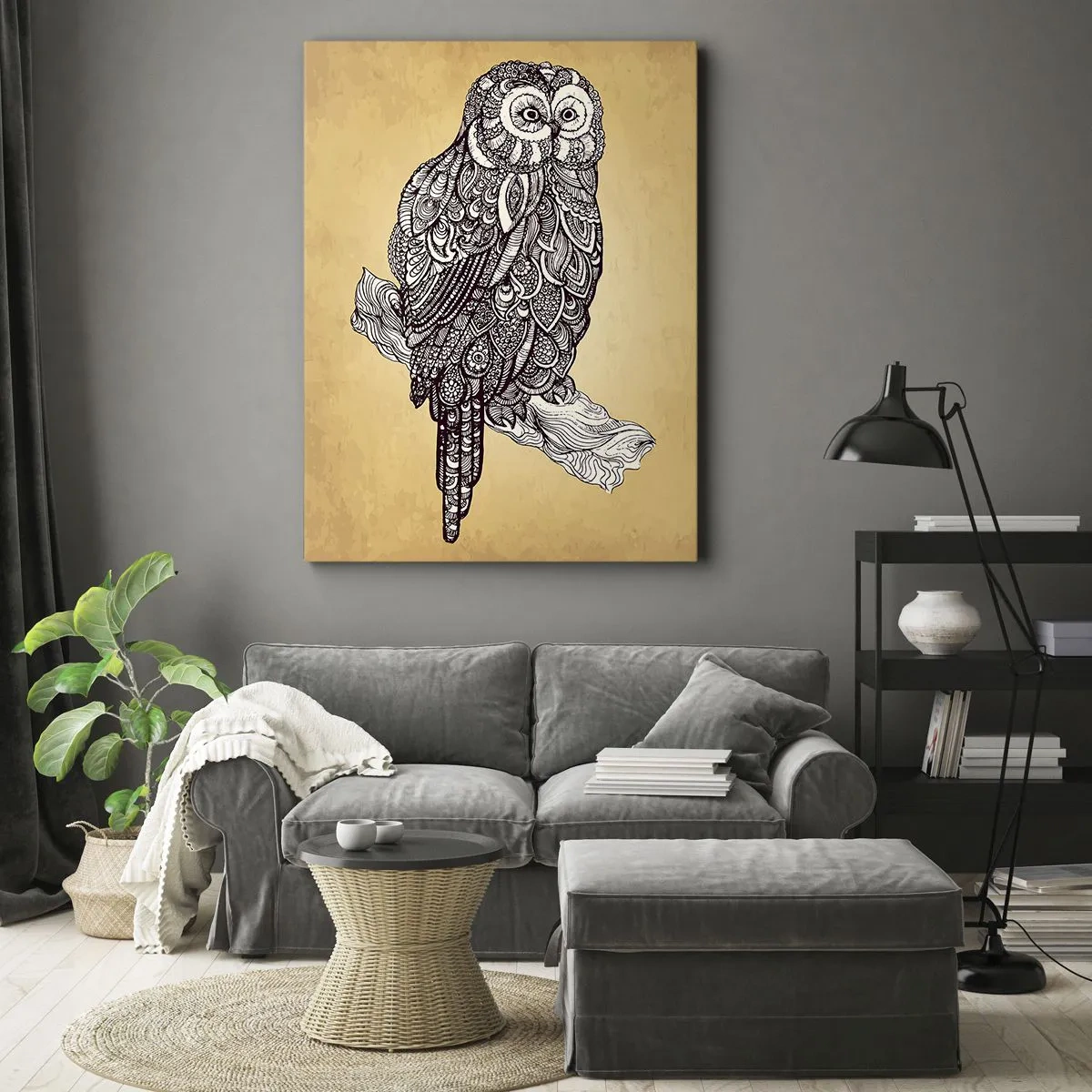 Impression sur toile - Image sur toile - Un hibou de style ornemental sur fond beige - 70x100cm - Ornements complexes de sagesse - Décoration murale moderne pour le salon et la chambre ARTTOR